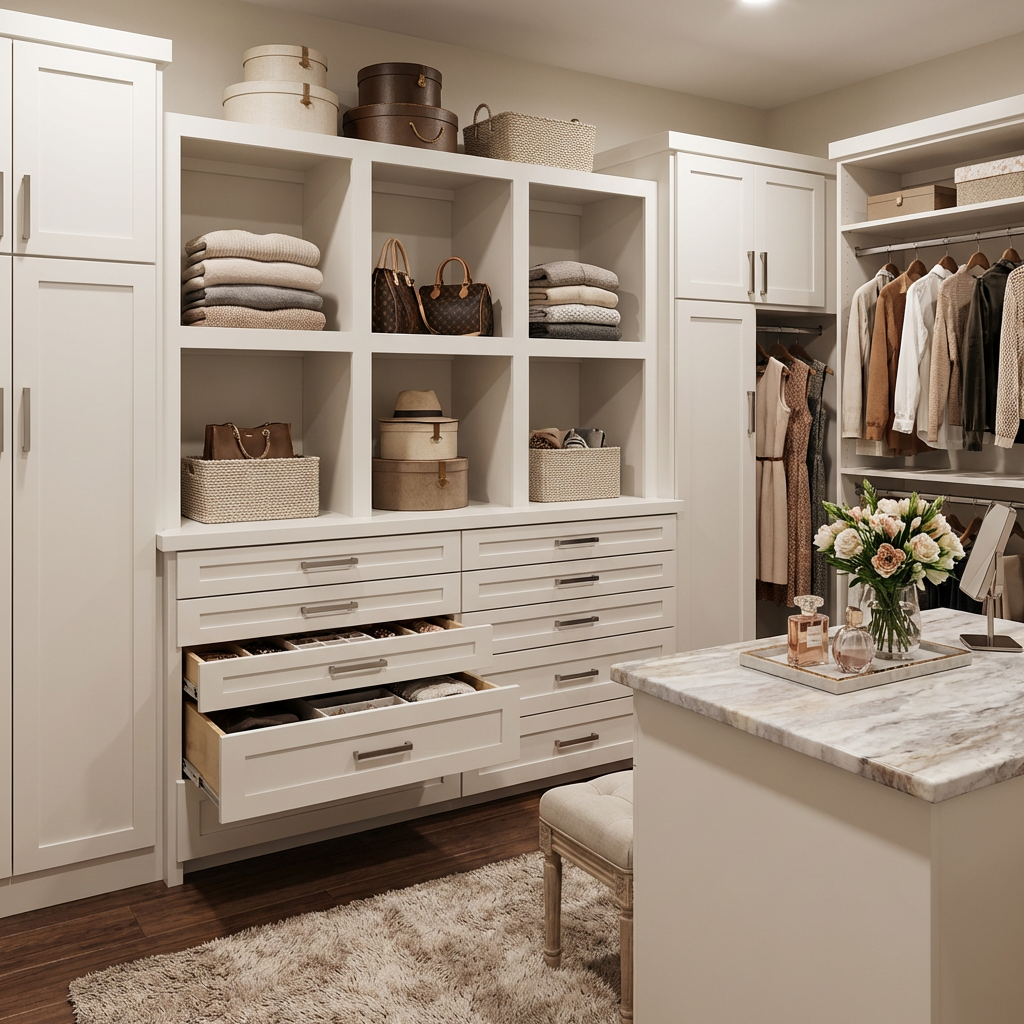 White walk-in closet with cubby shelves holding folded sweaters, handbags, and baskets, plus stacked drawers underneath. A marble island with flowers sits in front.
