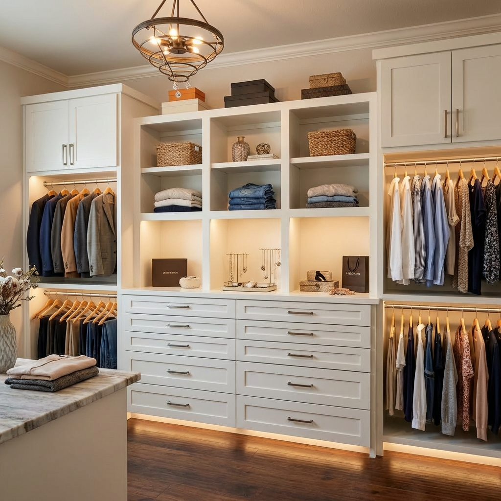Bright walk-in closet with white built-in drawer units, open shelves, and hanging clothes on both sides under warm lighting.