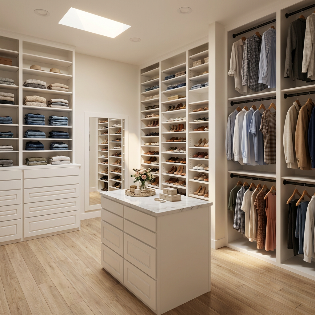 Spacious walk-in closet with white built-in shelves, neatly folded clothes, shelves of shoes, and a white island in the center; a full-length mirror on the back wall.