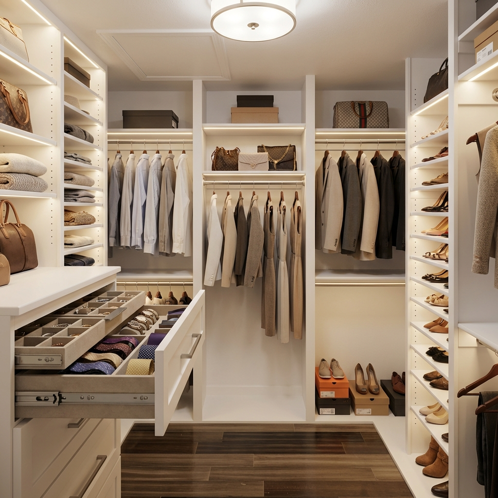 Walk-in closet with white built-in shelves, hanging shirts and suits, and multiple pairs of shoes along the right; warm wood floor and organized storage boxes on top shelves.