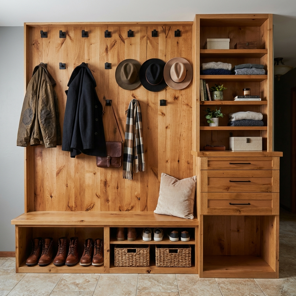 Wooden entryway storage unit with coats on hooks, hats, a scarf, a purse, and a plaid blanket on a bench beside shoe cubbies and woven baskets.