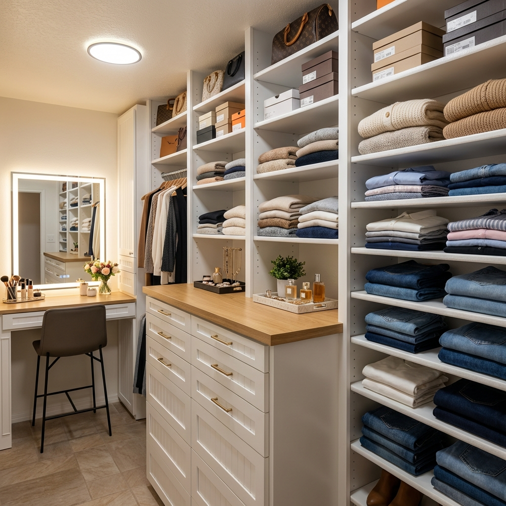 Bright walk-in closet with white shelves, folded sweaters, and handbags atop the shelves; a wooden countertop and makeup vanity with a chair nearby.