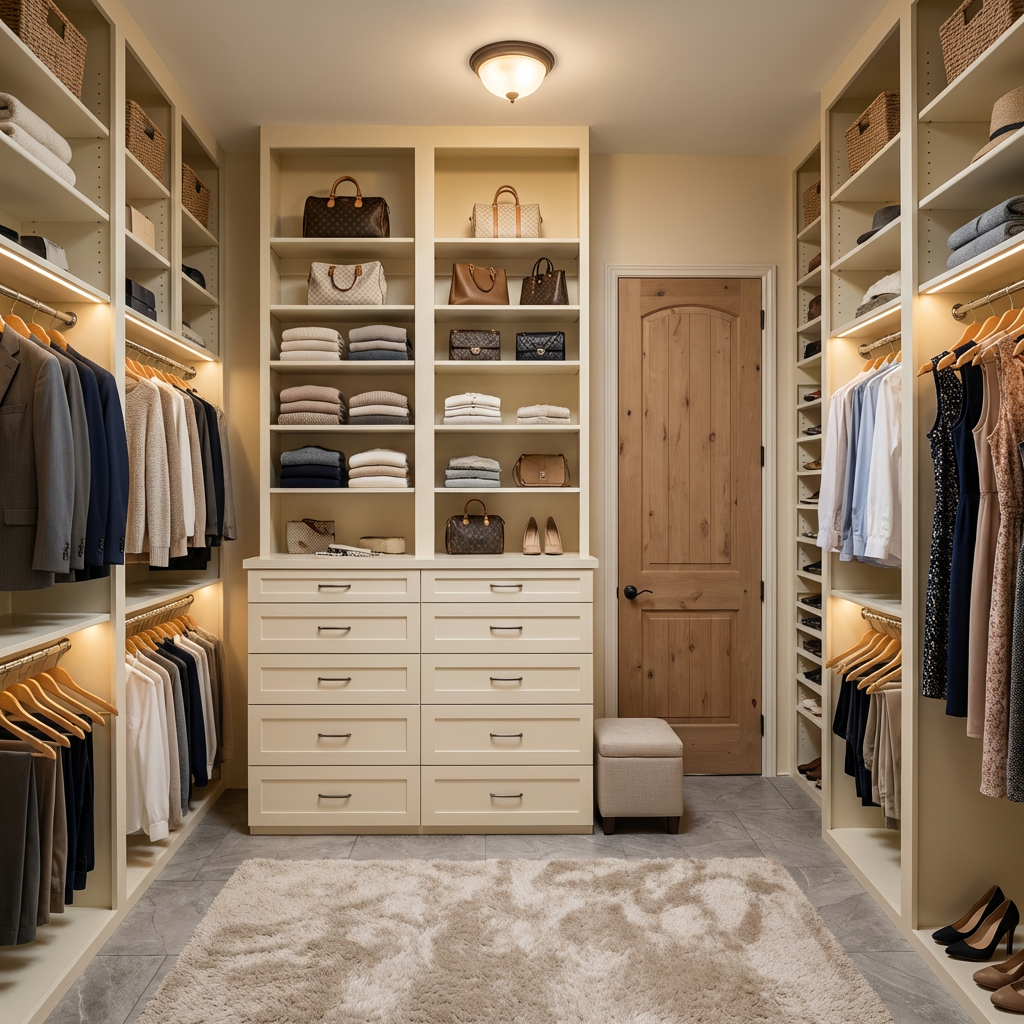 Light beige walk-in closet with built-in shelves and drawers, clothes on racks, and handbags on display near a wooden door at the back.