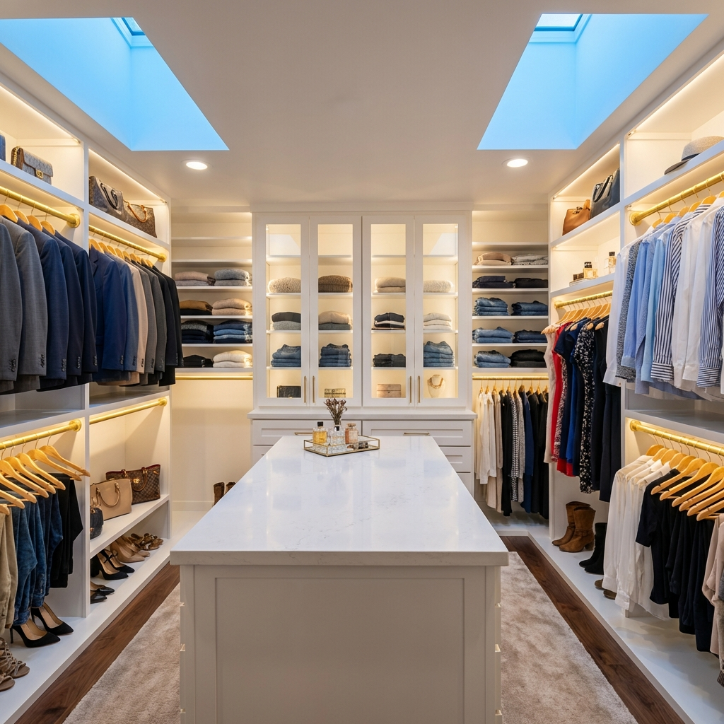 Bright white walk-in closet/store with a marble island, glass-front cabinets, and tidy shelves of folded clothes, jackets, and accessories under skylights.