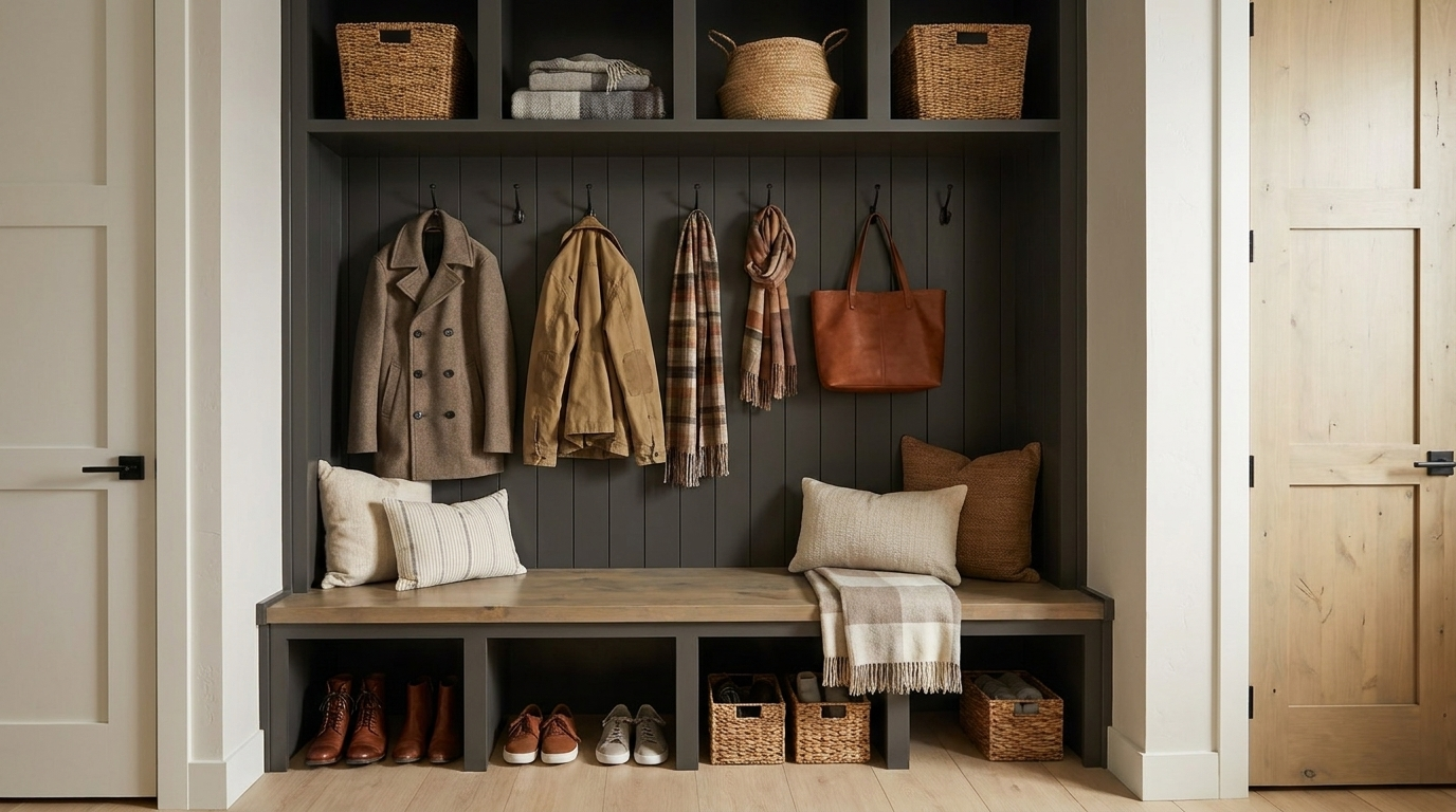 Coat closet with dark paneling, coats, scarves, a brown tote, bench, and woven baskets.