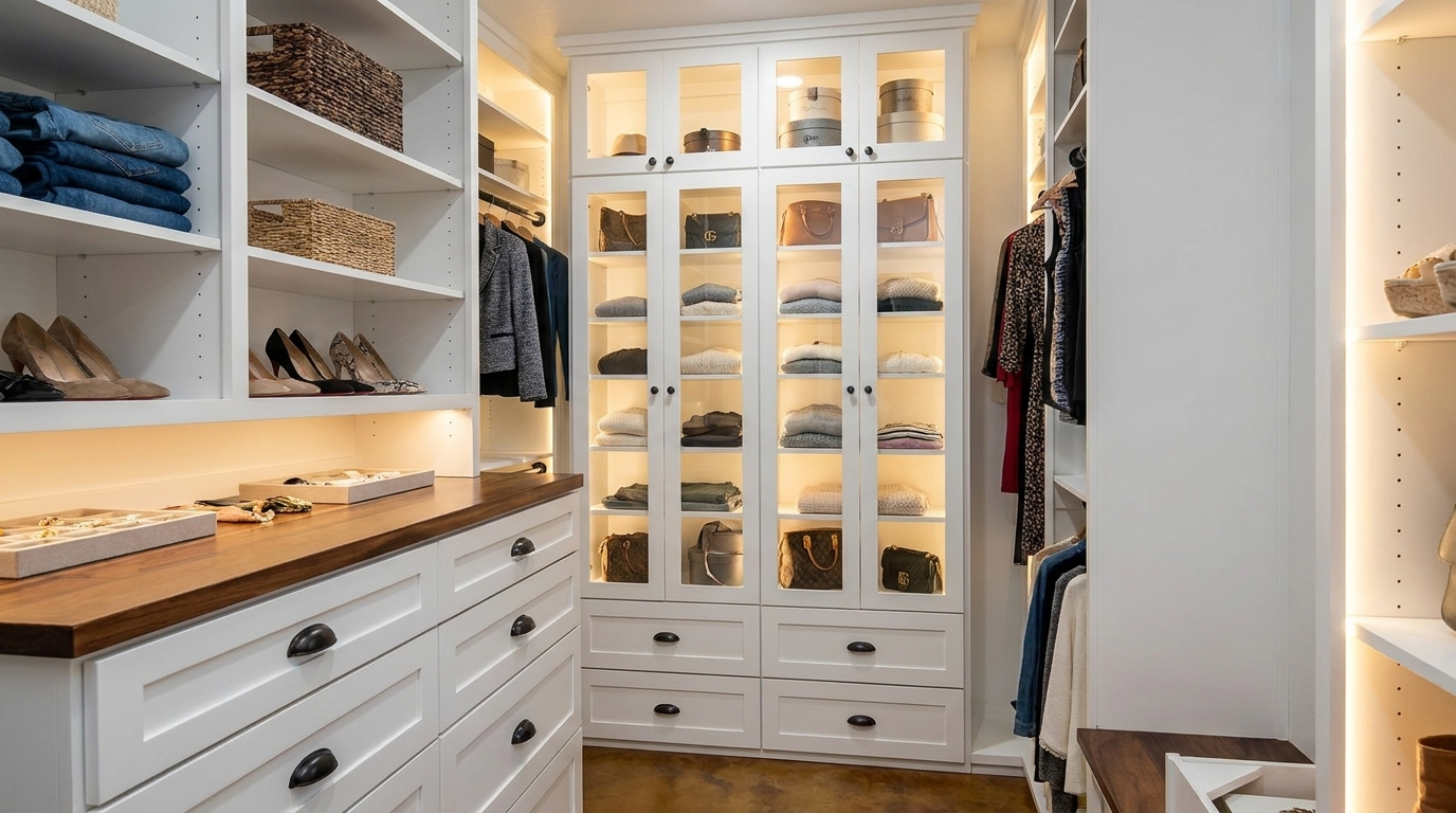 Bright walk-in closet with white cabinets, glass-front wardrobes, shelves of folded clothes, and handbags on display at the back.