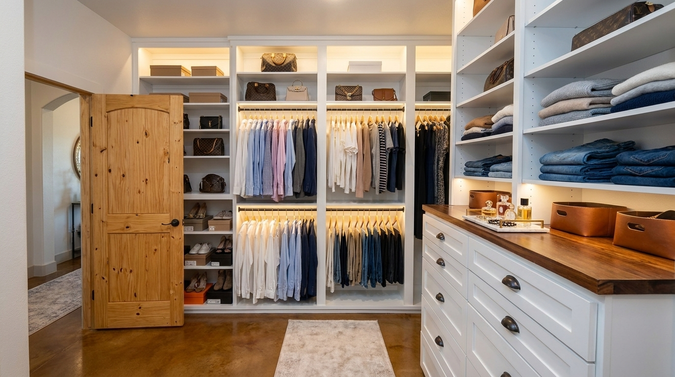Walk-in closet with white built-in shelves, hanging shirts, folded jeans, and handbags on upper shelves, plus a wooden island and door to the left.