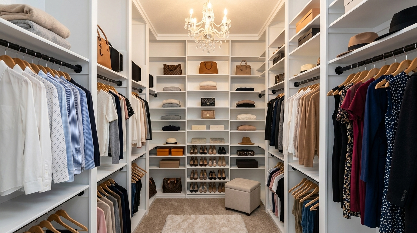 Bright walk-in closet with white shelving, clothes on racks, handbags on shelves, and a chandelier overhead.