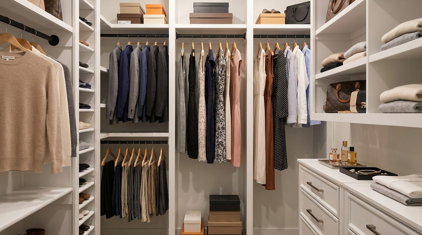Walk-in closet with organized clothing racks, shelves of boxes and bags, and folded sweaters on white cabinetry.