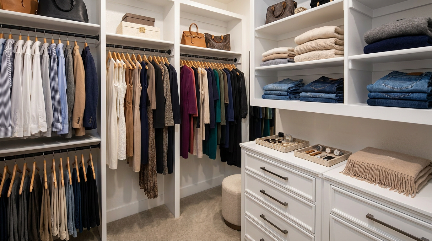 Walk-in closet with shelves, hanging clothes, folded sweaters, and drawers displaying accessories.