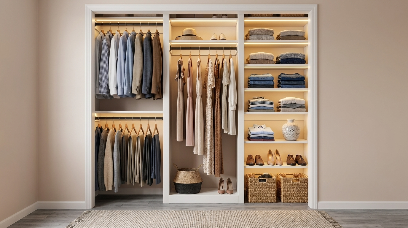 Walk-in closet with hanging shirts and dresses, folded sweaters on shelves, and woven baskets and shoes on the floor; soft lighting enhances organization.