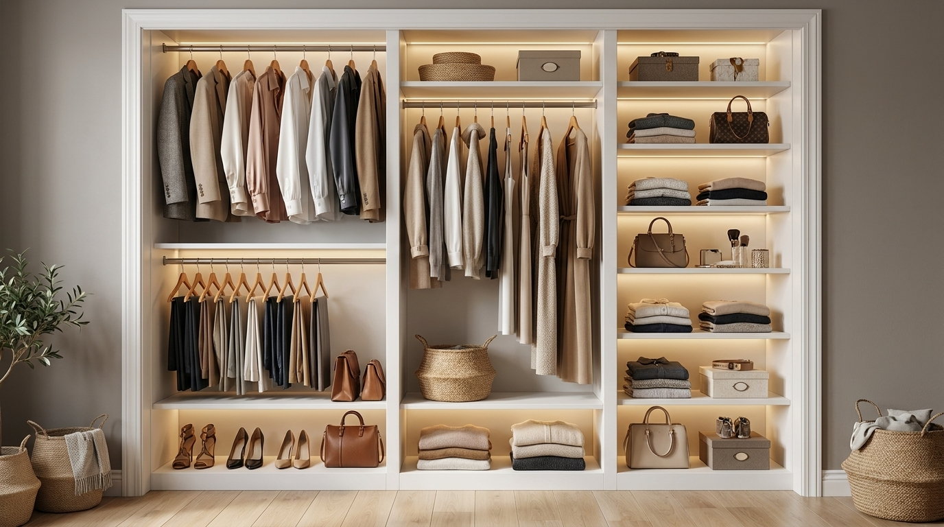 Wardrobe with neatly arranged neutral-toned clothes, shelves of bags, shoes, and folded sweaters, all softly lit in a white closet unit.