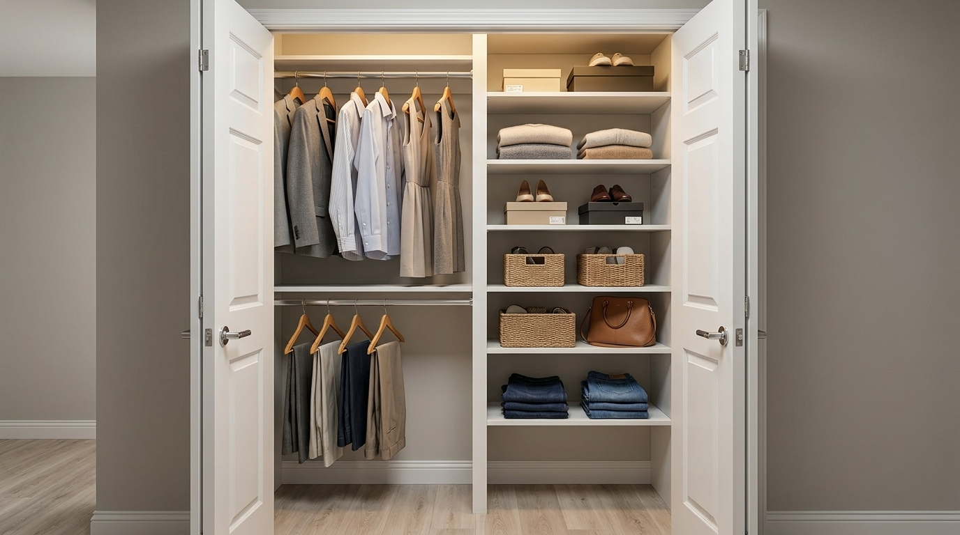 Open closet with shirts and jackets hanging on the left and shelves on the right with boxes, bags, and folded items.