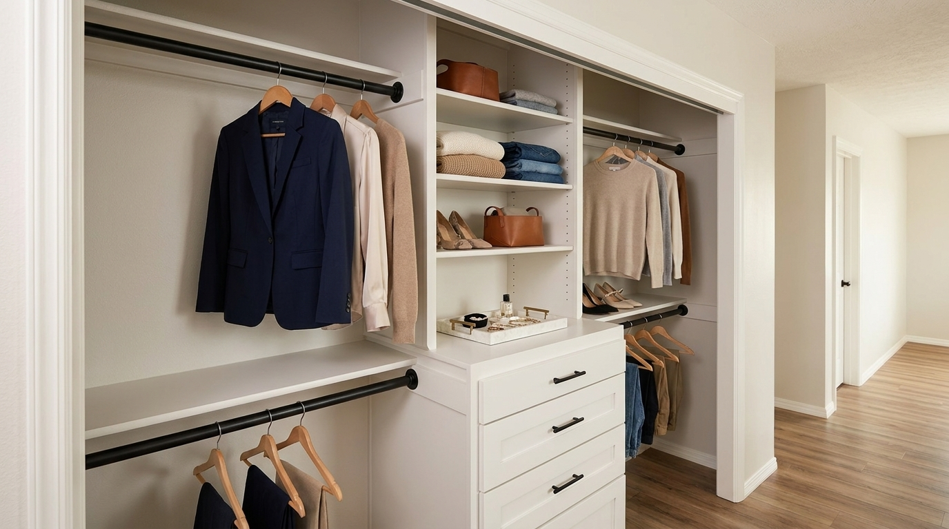 Organized white walk-in closet with hanging clothes, shelves, and a dresser in a bright room.