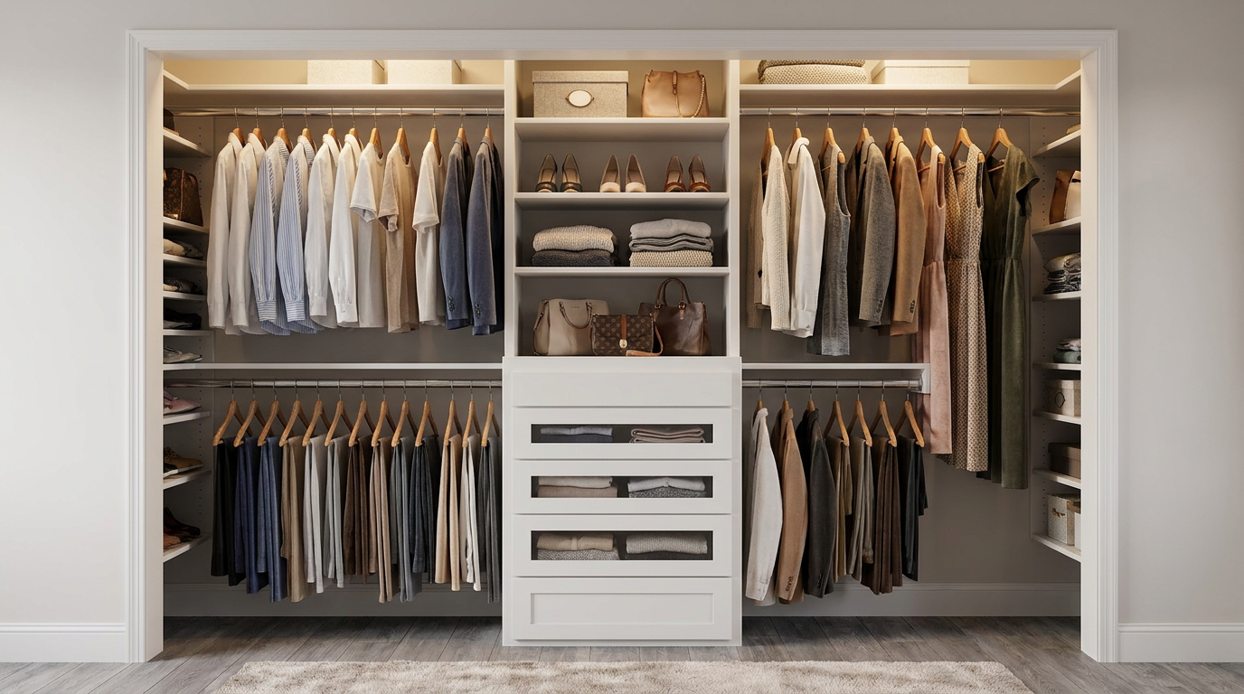 Spacious white walk-in closet with clothes neatly on racks, folded sweaters on center shelves, and handbags on the middle drawers. Shoes sit on the upper shelves above, all in neutral tones.