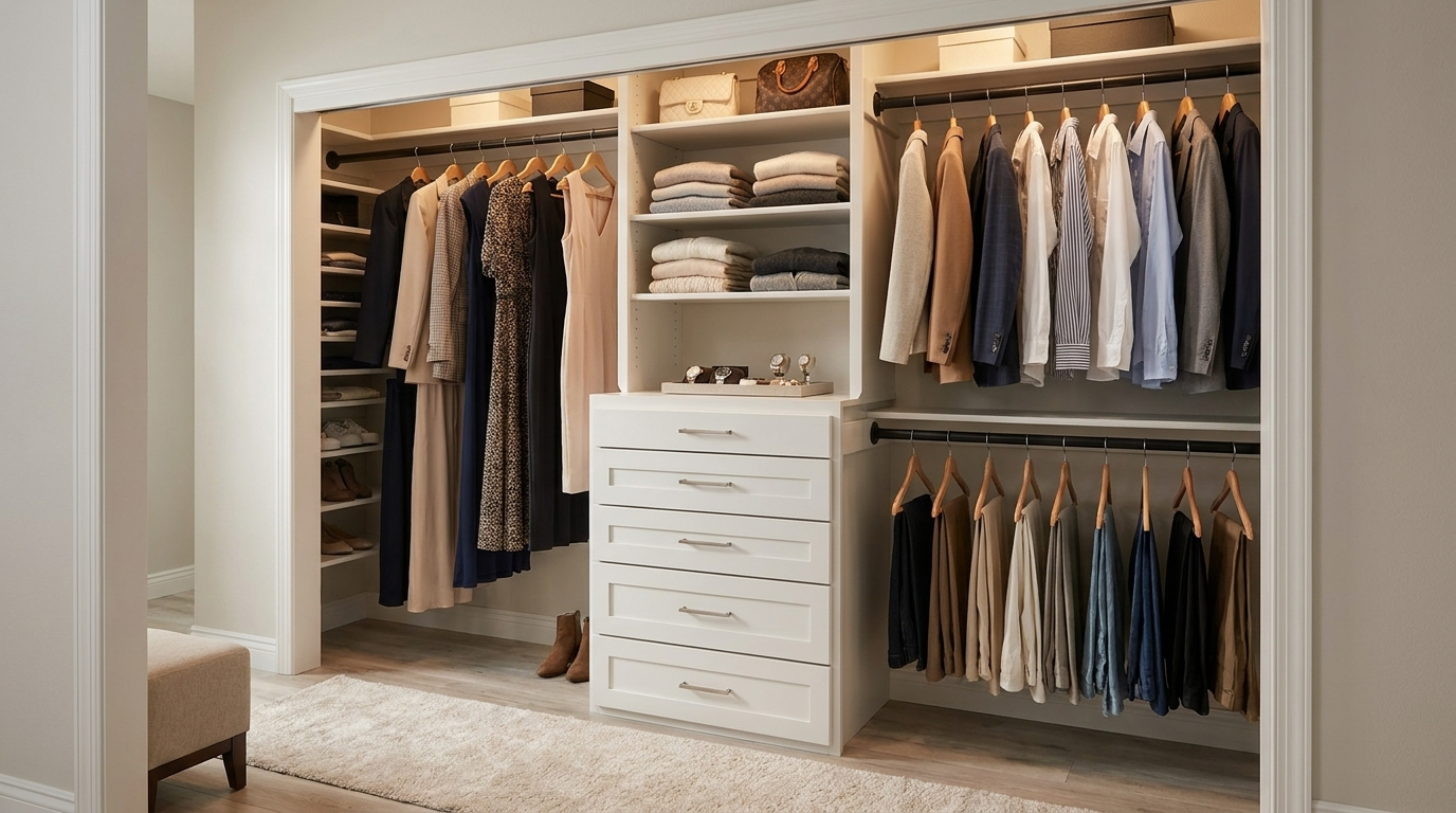 Well-organized walk-in closet with a white dresser in the center, hanging clothes on both sides, and shelves of folded sweaters above.
