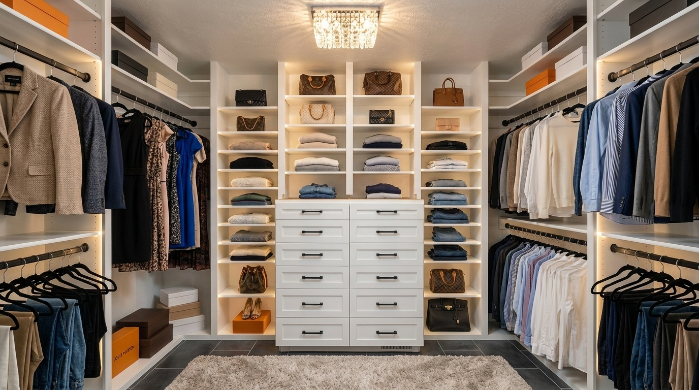 Walk-in closet with central white dresser and open shelving displaying handbags and folded clothes.