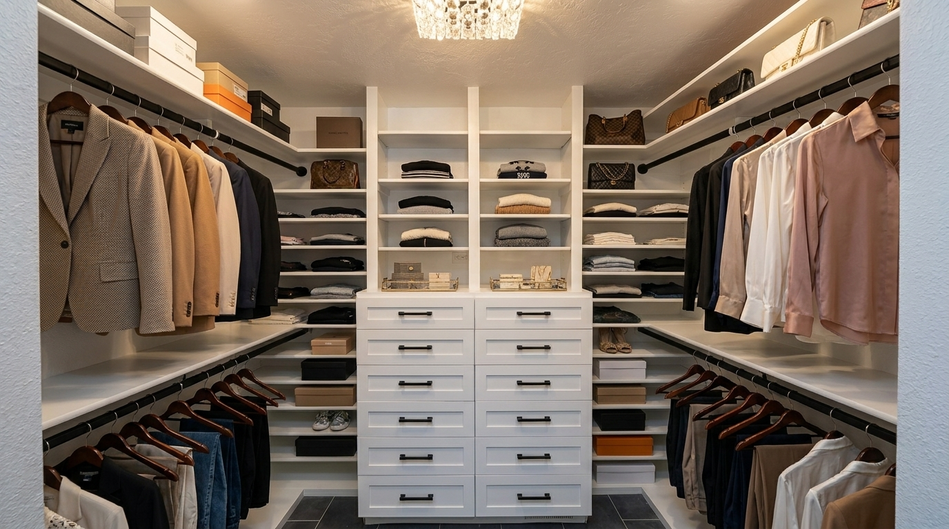 Walk-in closet with white built-in shelves, central drawers, and clothing hung on both sides in neutral tones.