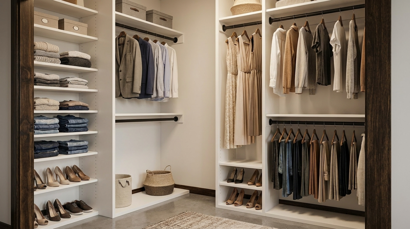 Walk-in closet with white open shelves, folded sweaters and jeans, shoes on lower shelves, and clothing on hanging rods in neutral tones.