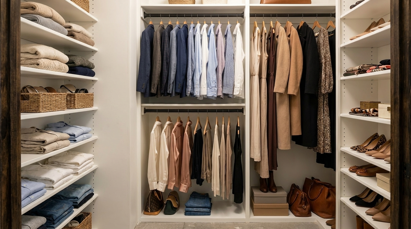 Spacious walk-in closet with neatly arranged clothes on racks, folded sweaters on shelves, and shoes along the sides.