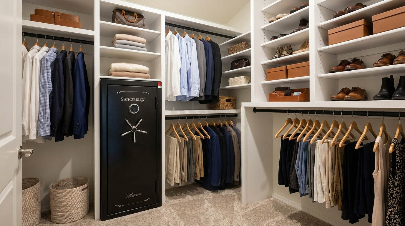 Walk-in closet with an organized wardrobe: shirts and blazers on the left, folded sweaters on shelves, shoes and boxes on the right, and a central black safe.